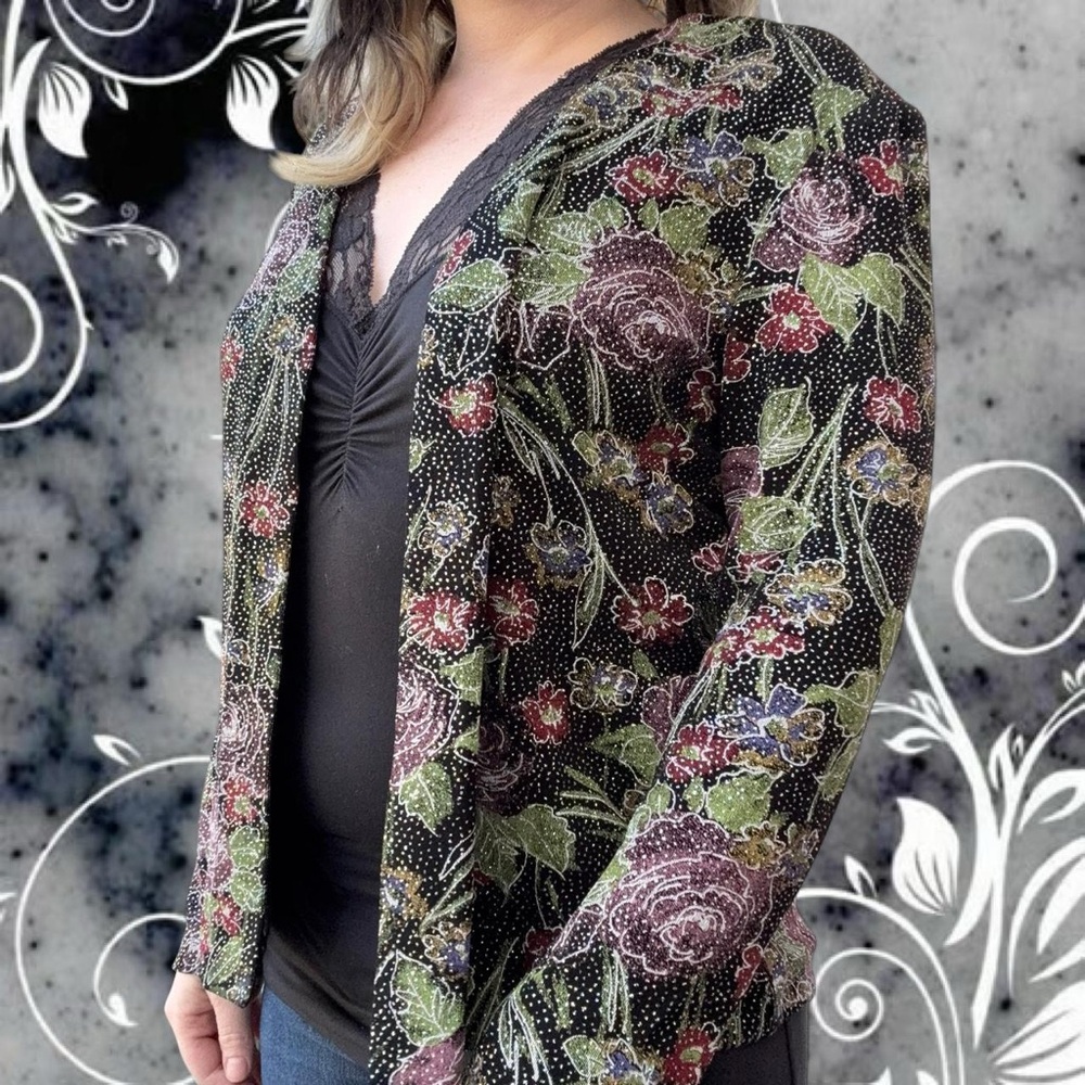 vtg 90s alex evenings whimsygoth morikei glitter ultra lightweight jacket, sz md